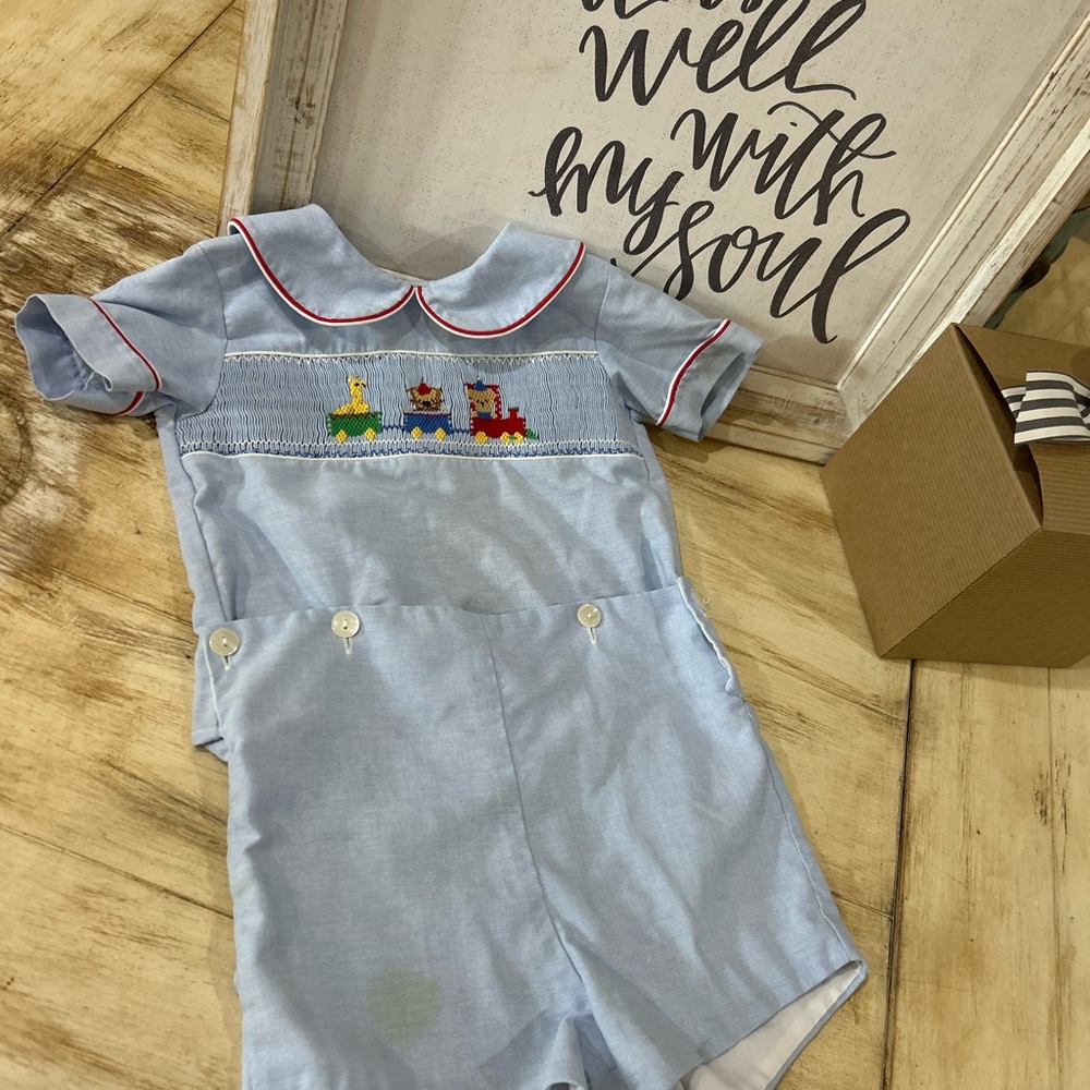 Light Blue Baby Romper with Train Embroidery